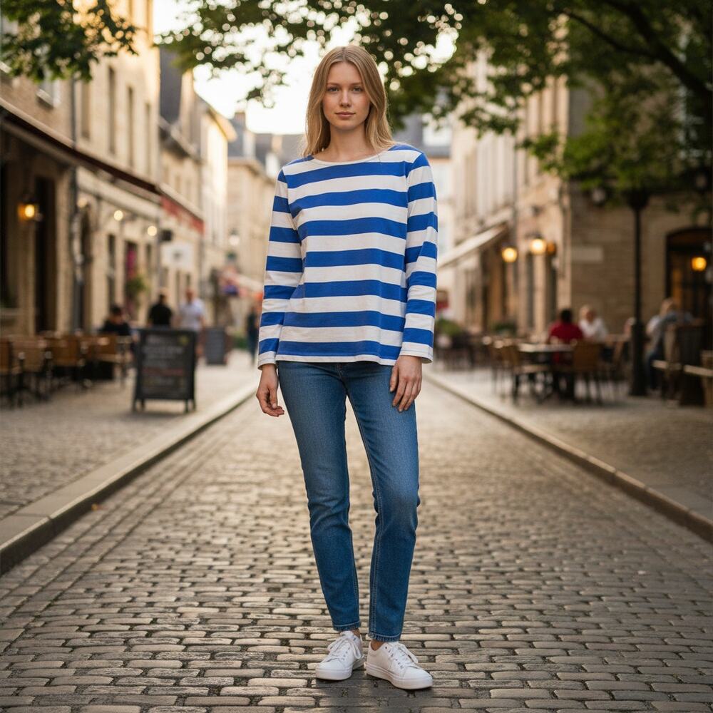 J. Crew Top Womens Medium Blue & White Stripes Classic Boatneck Long Sleeve
